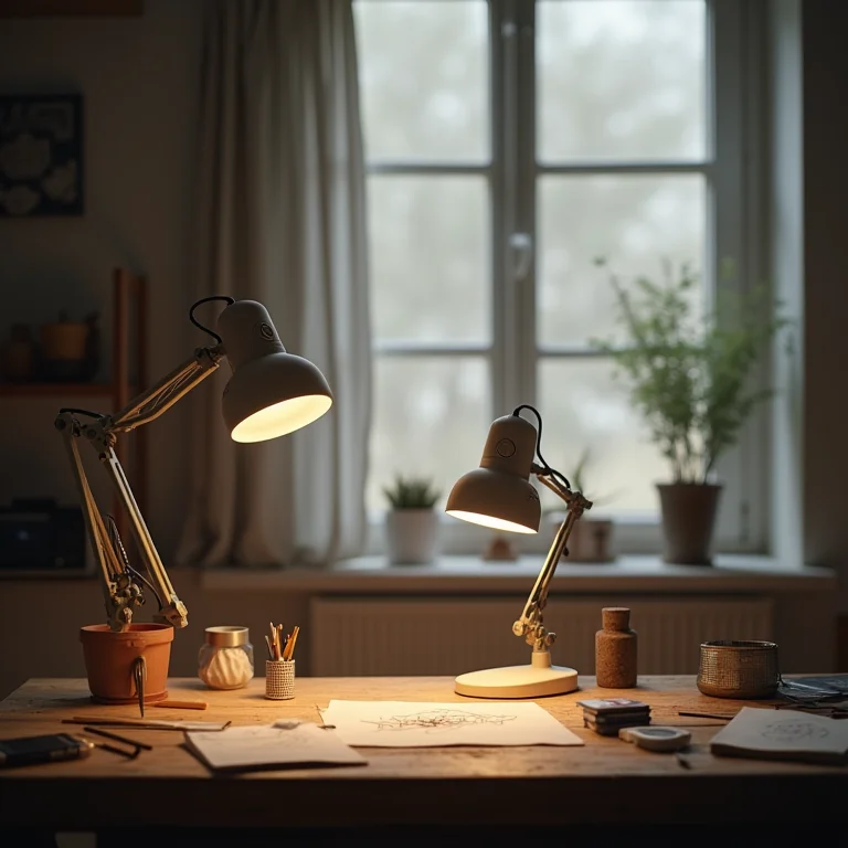 Espaço de artesanato bem iluminado com luz natural e artificial.