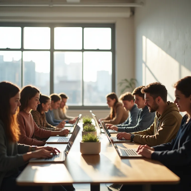 Espaço de co-working com pessoas diversas trabalhando e interagindo.