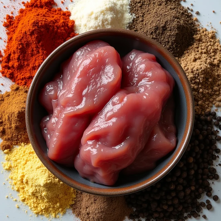 Especiarias variadas ao redor de uma tigela com fígado cru.