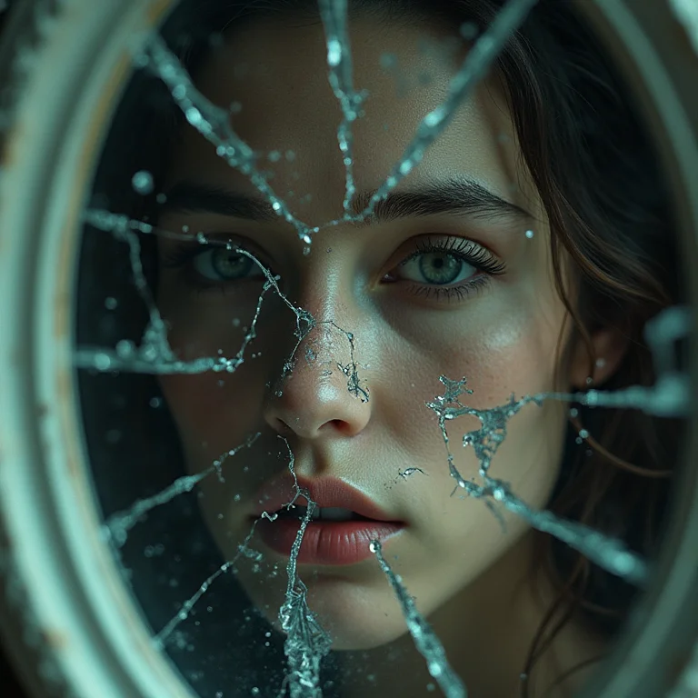 Espelho quebrado refletindo um rosto distorcido.