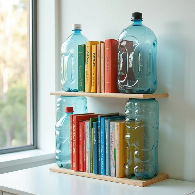 Estante modular para livros feita de garrafas PET.