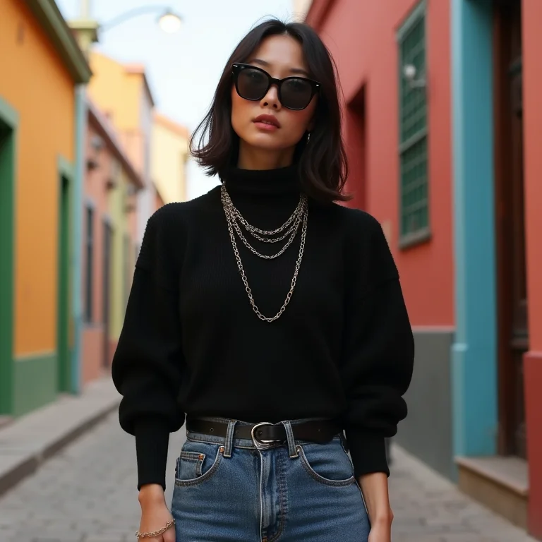 Estilo pessoal e tendências: gola alta preta com jeans vintage.