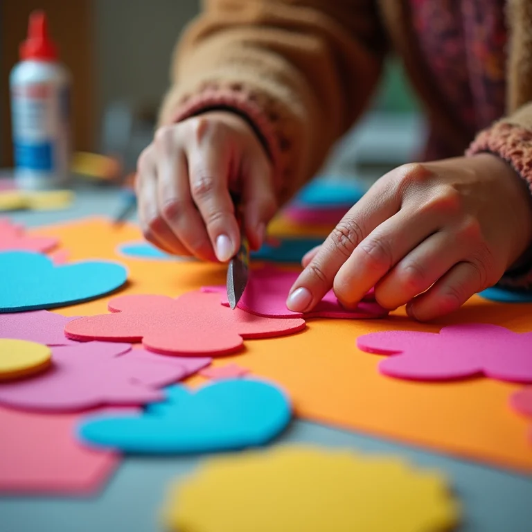 EVA e feltro: mãos habilidosas recortando formas coloridas em EVA