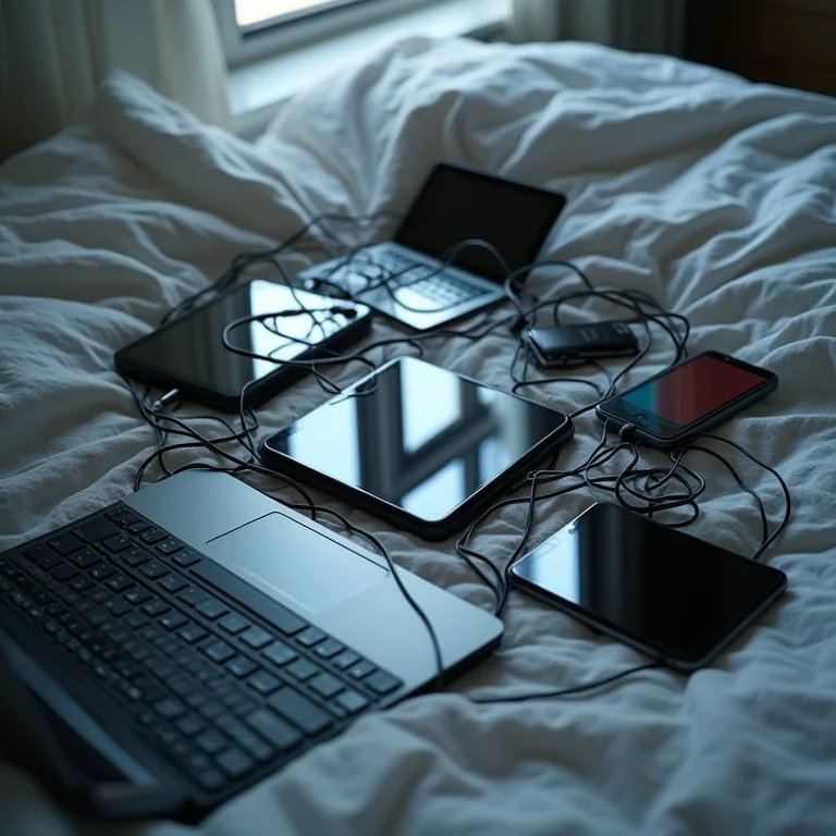 Excesso de eletrônicos em um quarto, representando um ambiente desfavorável ao Feng Shui.