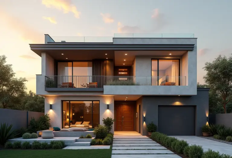 Fachada de casa moderna com pintura marmorato em tons de bege e branco