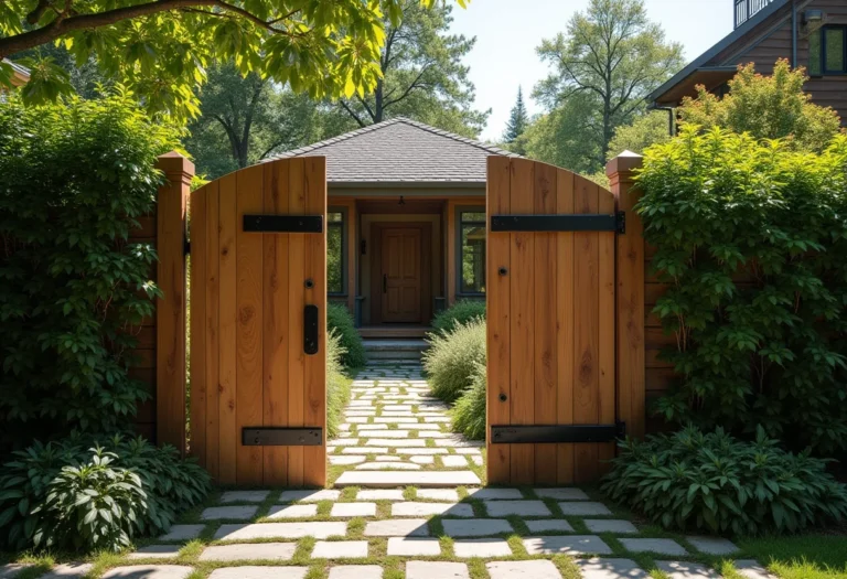 Fachada de casa moderna com portão de madeira maciça rústica