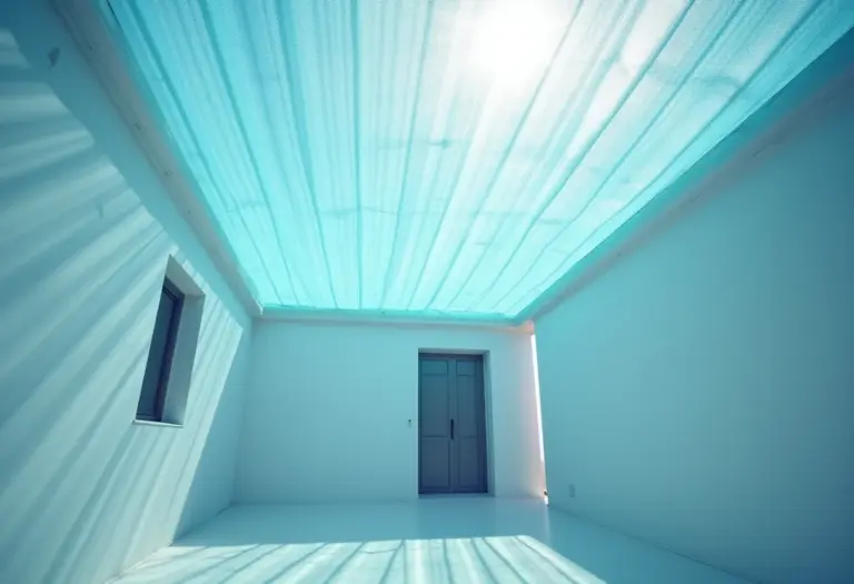 Fachada de casa moderna com telhado de policarbonato azul que permite a entrada de luz natural