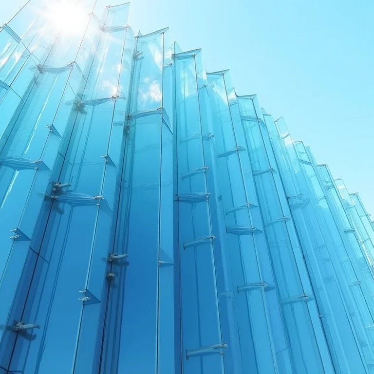 Fachada de edifício moderno com uso de telhas de policarbonato azul