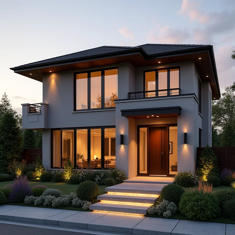 Fachada impecável com pintura marmorato e iluminação moderna