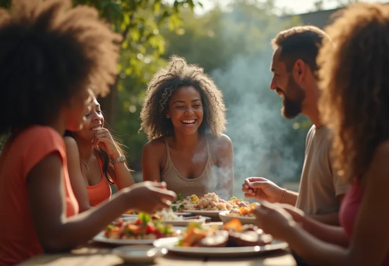 Família brasileira reunida em churrasco de costela.
