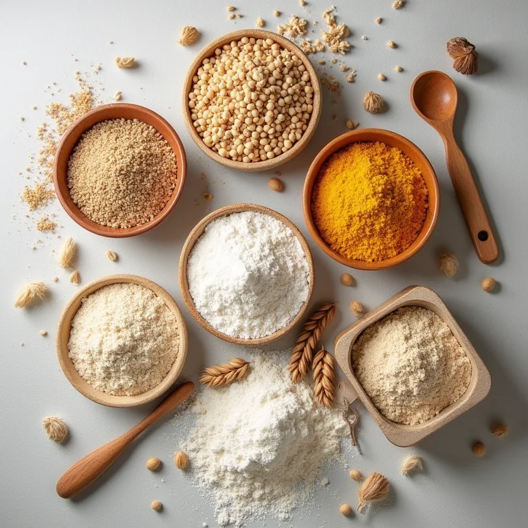 Farinhas integrais e grãos diversos dispostos em estilo flat lay