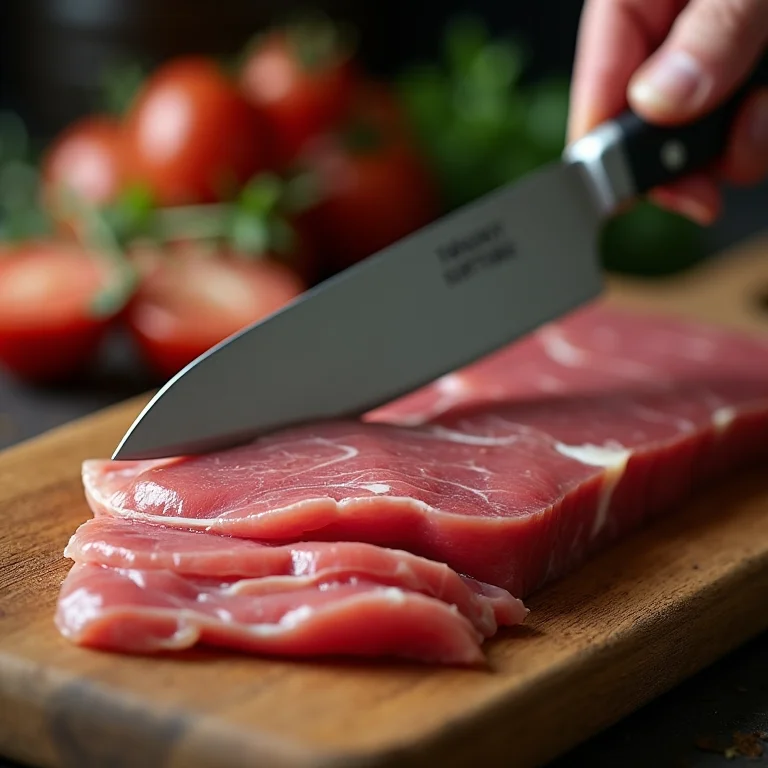 Fatiando o fígado cru em uma tábua de madeira.