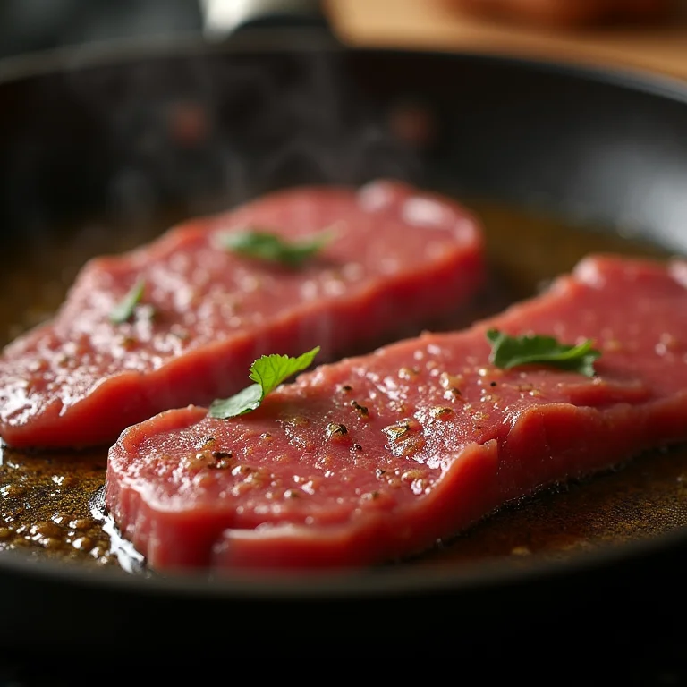 Fatias de fígado sendo seladas em frigideira quente.