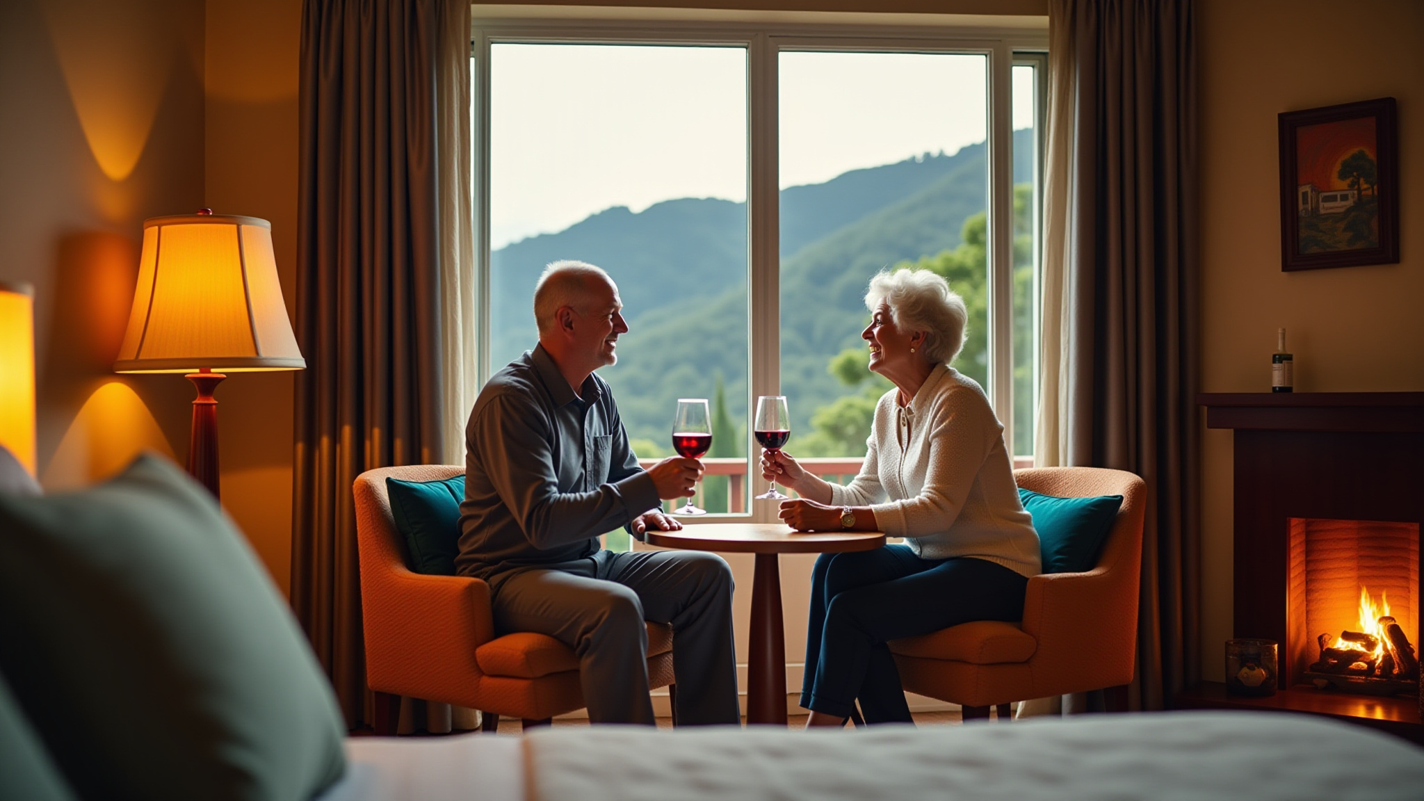 Suíte charmosa em hotel de Campos do Jordão com lareira e vista para as montanhas.