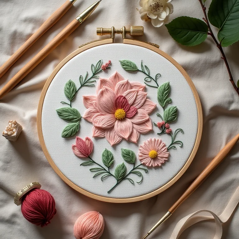 Ferramentas de bordado dispostas artisticamente