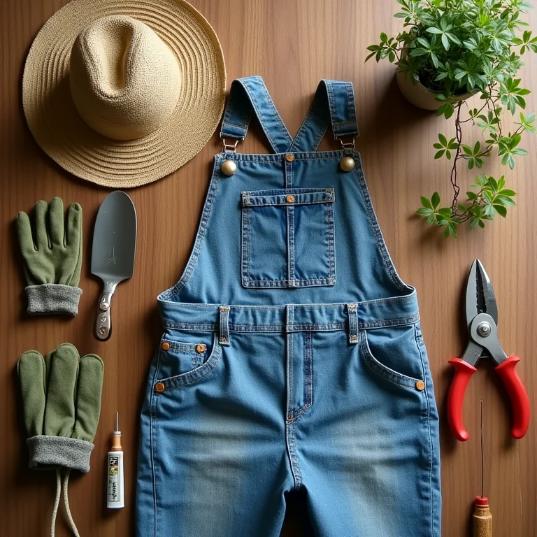 Ferramentas de jardinagem, chapéu, macacão e planta em vaso dispostos sobre madeira
