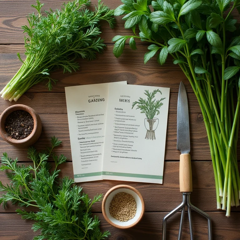 Ferramentas de jardinagem e ervas frescas em uma mesa de madeira
