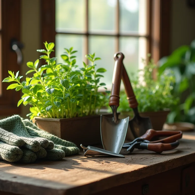 Ferramentas de jardinagem e um pequeno jardim de ervas