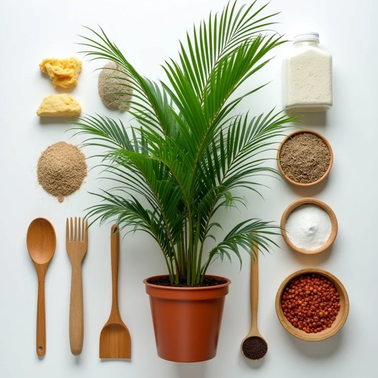 Fertilizantes e ferramentas de jardinagem ao redor de uma palmeira ráfia em vaso, vista de cima