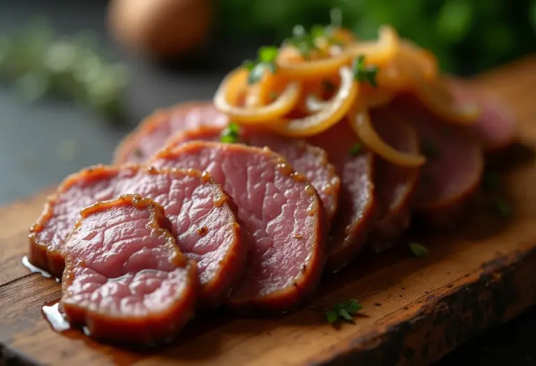 Fígado acebolado caramelizado em tábua de madeira rústica.