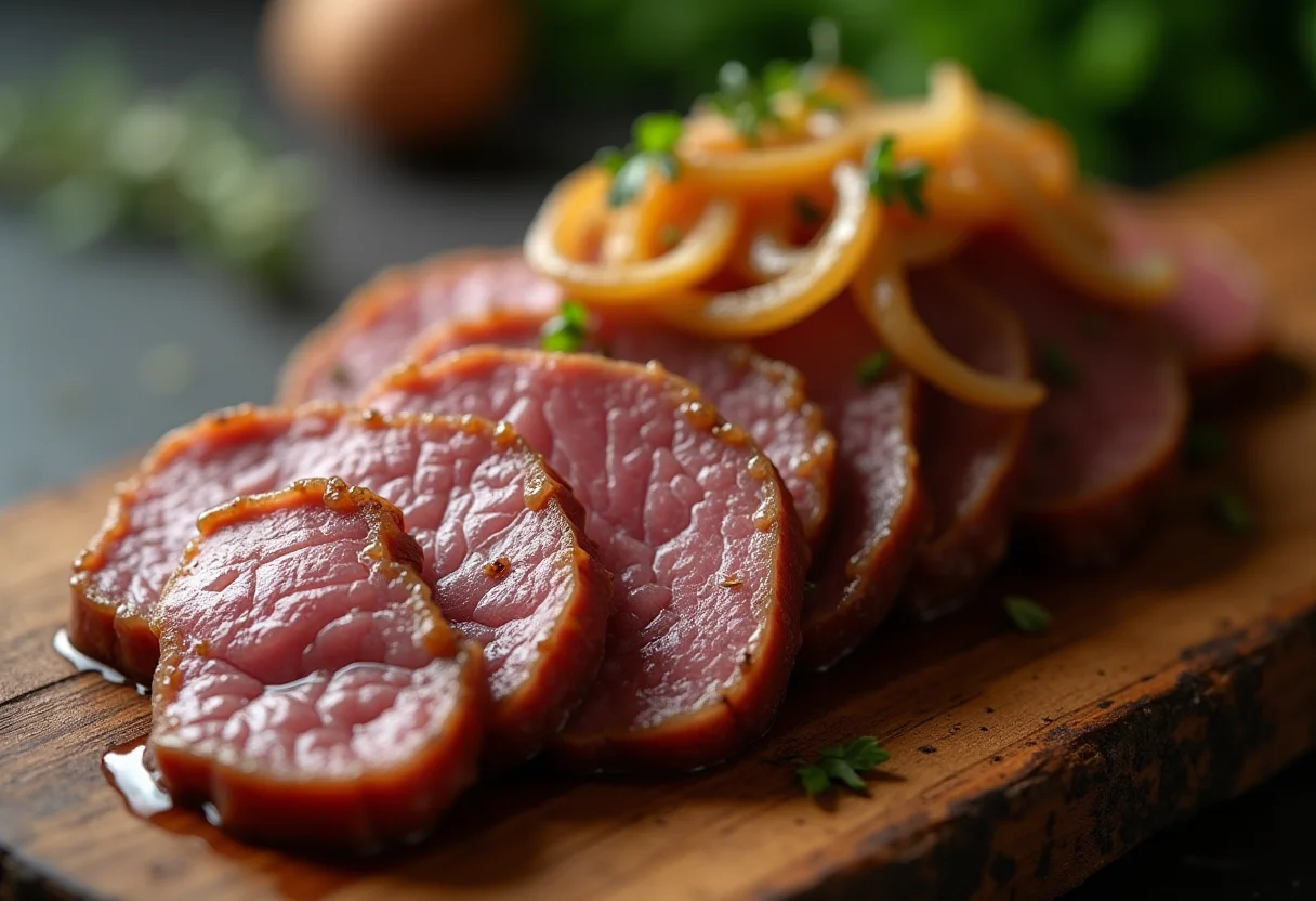 Fígado acebolado perfeito: o truque do chef para não errar Fígado acebolado caramelizado em tábua de madeira rústica.