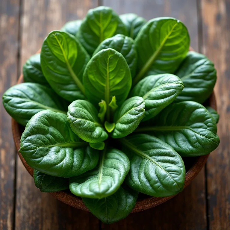 Folhas de espinafre frescas em uma mesa de madeira.