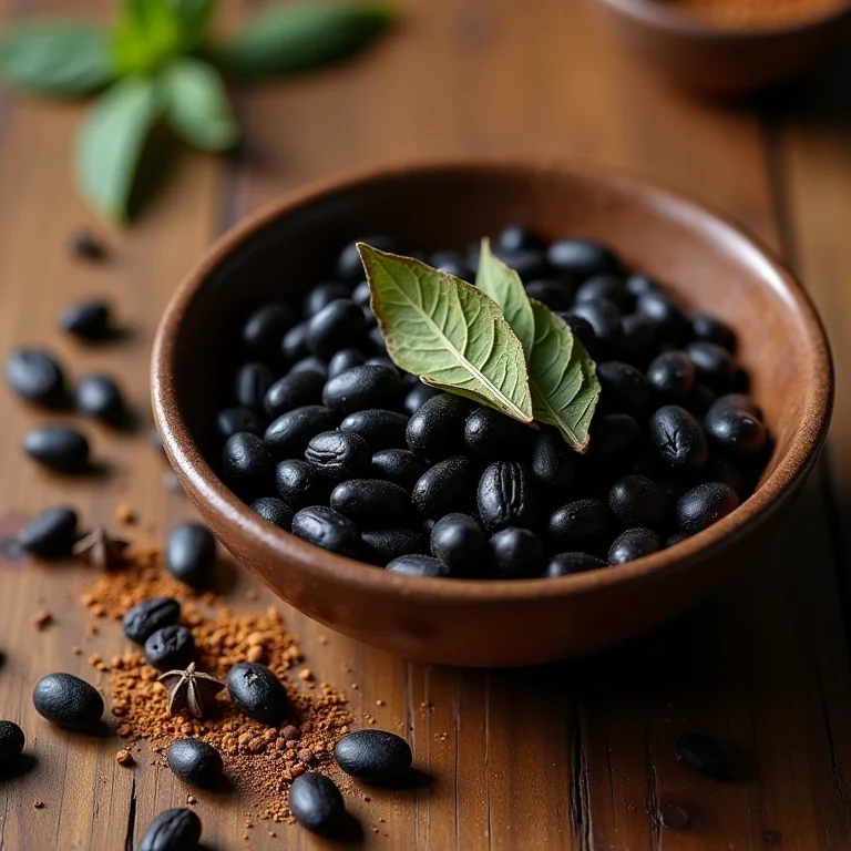 Folhas de louro e sementes de cominho ao redor de feijão cru