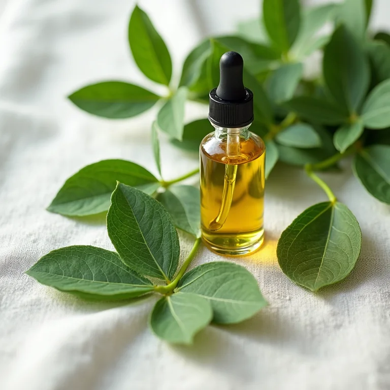 Folhas frescas de guaco e extrato em frasco de vidro.