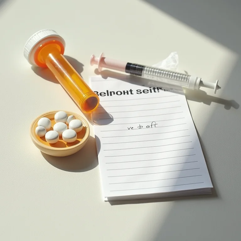 Frasco de remédio vazio, seringa e lembrete de consulta veterinária