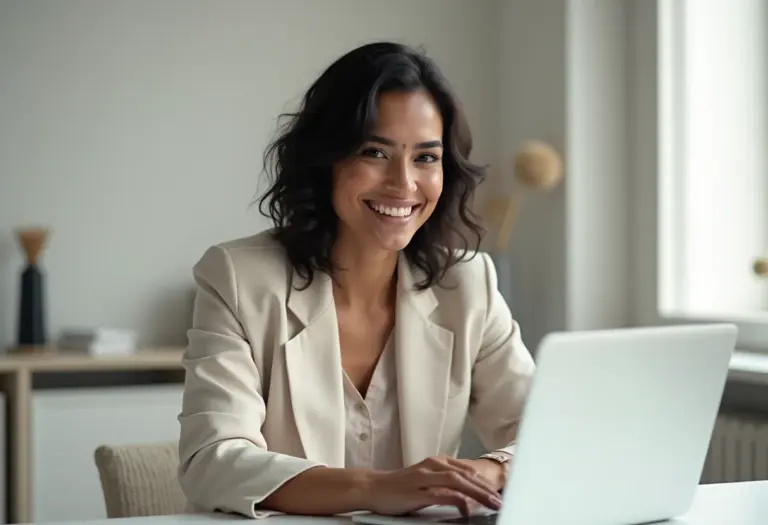 Freelancer brasileira sorrindo em home office