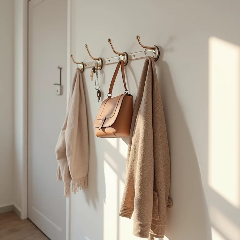Ganchos e barras organizando casacos e bolsas na entrada da casa.