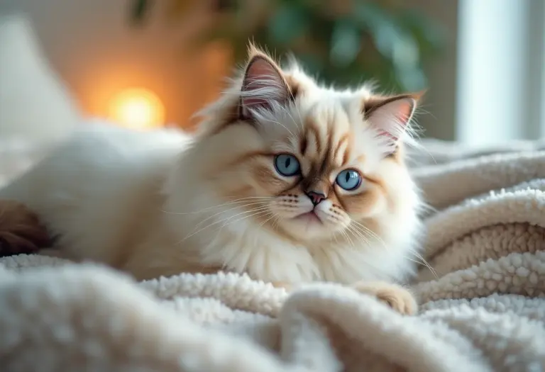 Gato persa deitado em cobertor macio