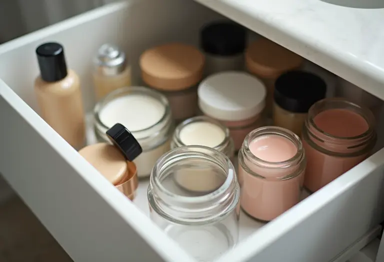 Gaveta de banheiro organizada com embalagens reaproveitadas