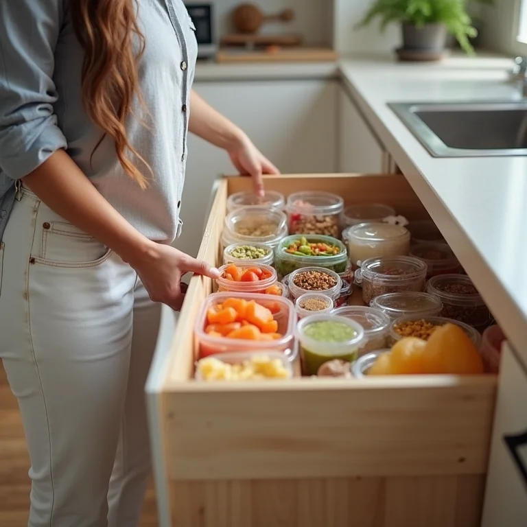 Gaveta de cozinha organizada com potes plásticos.