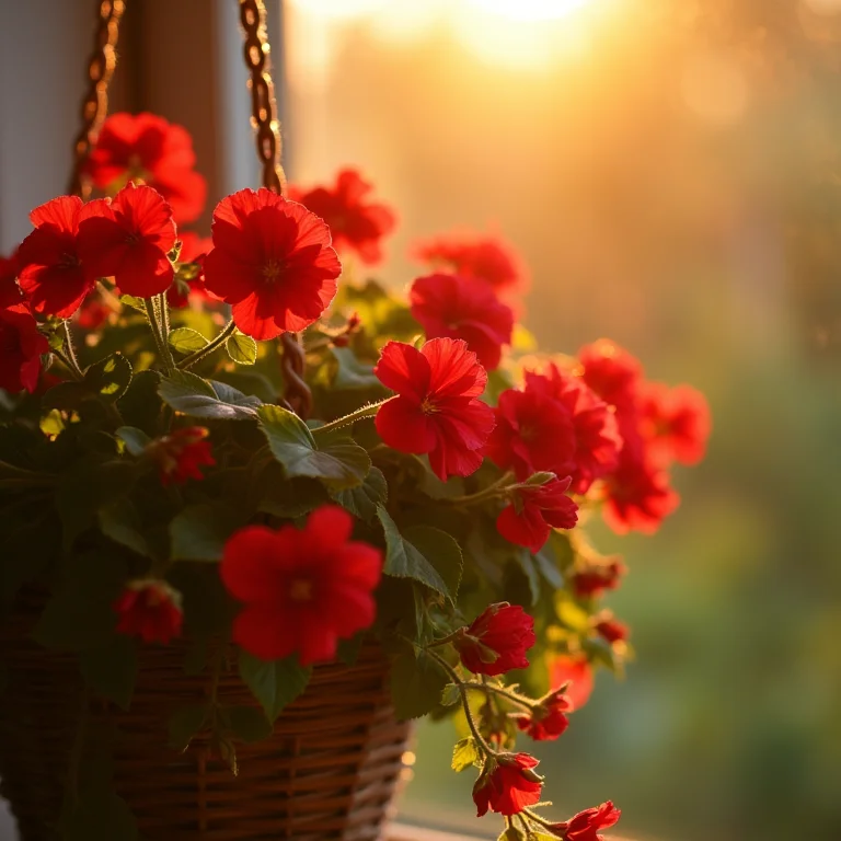 Gerânios pendentes recebendo luz solar em janela