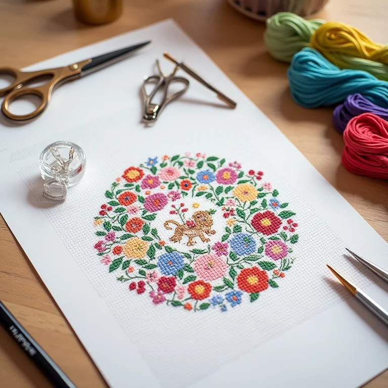 Gráfico de ponto cruz impresso em uma mesa de artesanato com materiais de bordado