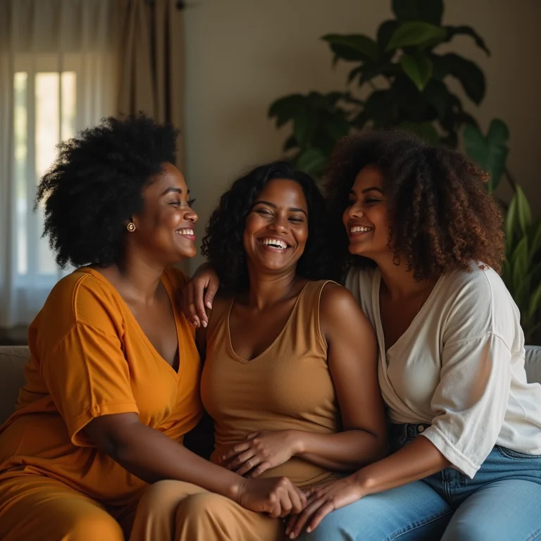 Grupo de amigas brasileiras diversas rindo e se abraçando.