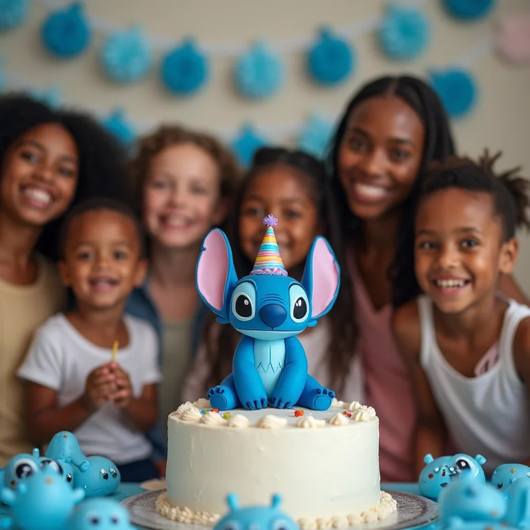 Grupo de amigos comemorando aniversário com bolo do Stitch