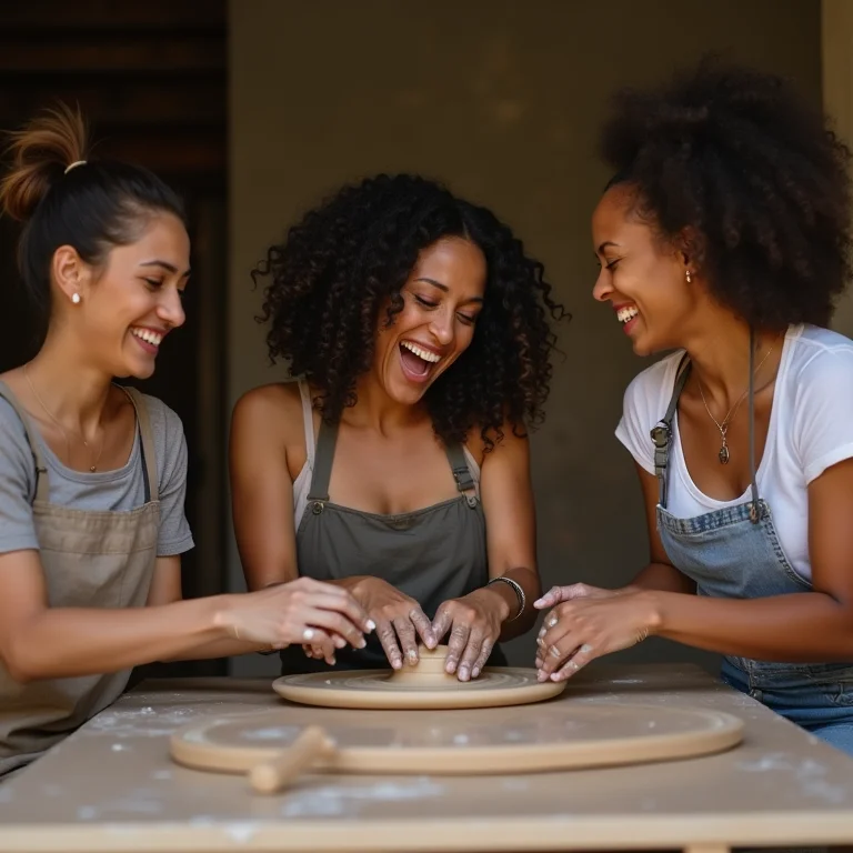 Grupo diverso de mulheres brasileiras em aula de cerâmica.
