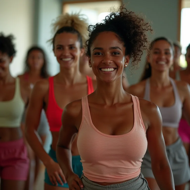 Grupo diverso de mulheres brasileiras em aula de Zumba