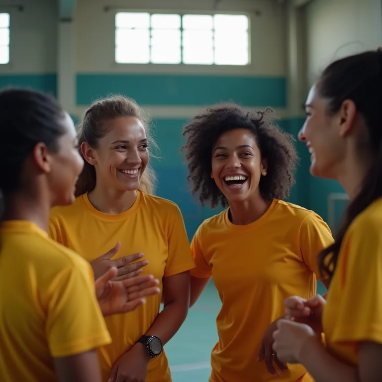 Grupo diverso de mulheres brasileiras jogando handebol