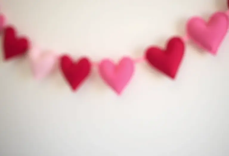 Guirlanda de corações de feltro pendurada na parede branca para o Dia dos Namorados