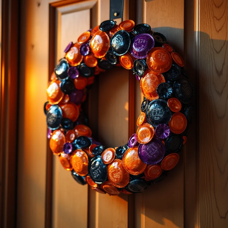 Guirlanda de Halloween feita com materiais reciclados pendurada em porta de madeira
