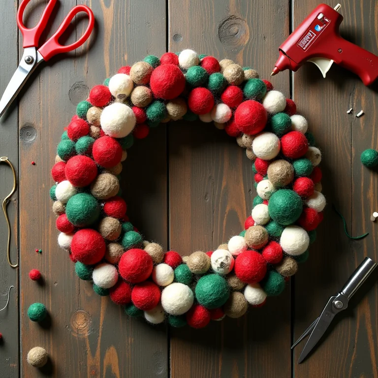 Guirlanda de Natal com bolas de feltro em estilo flat lay