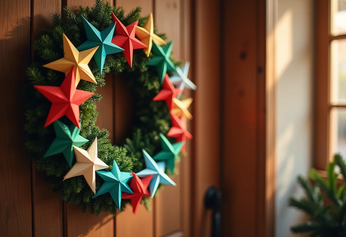 Molde de estrela de Natal: 5 ideias criativas para imprimir e decorar Guirlanda de Natal feita com estrelas de papel coloridas pendurada na porta