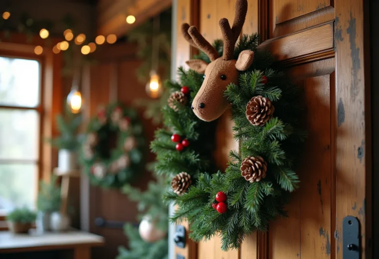 Guirlanda de rena artesanal pendurada em porta de madeira rústica decorada para o Natal