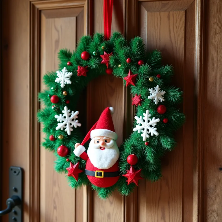 Guirlanda natalina de EVA decorando porta de madeira