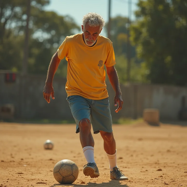 Homem brasileiro mais velho ensinando futebol para jovens