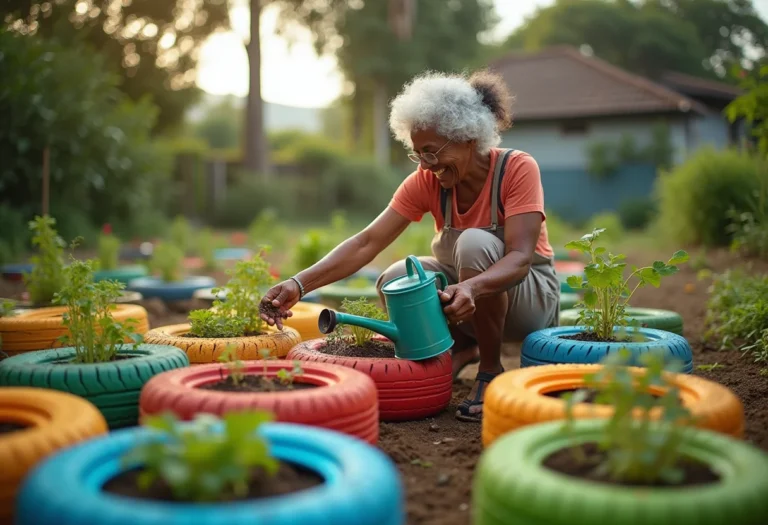Horta criativa com pneus e mulher negra feliz