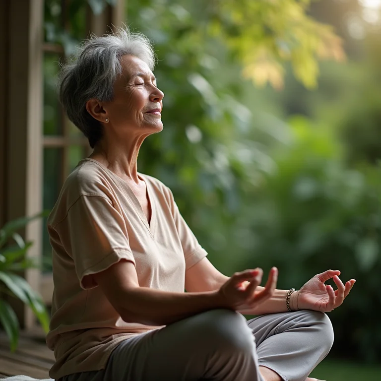 Idosa praticando mindfulness para reduzir ansiedade